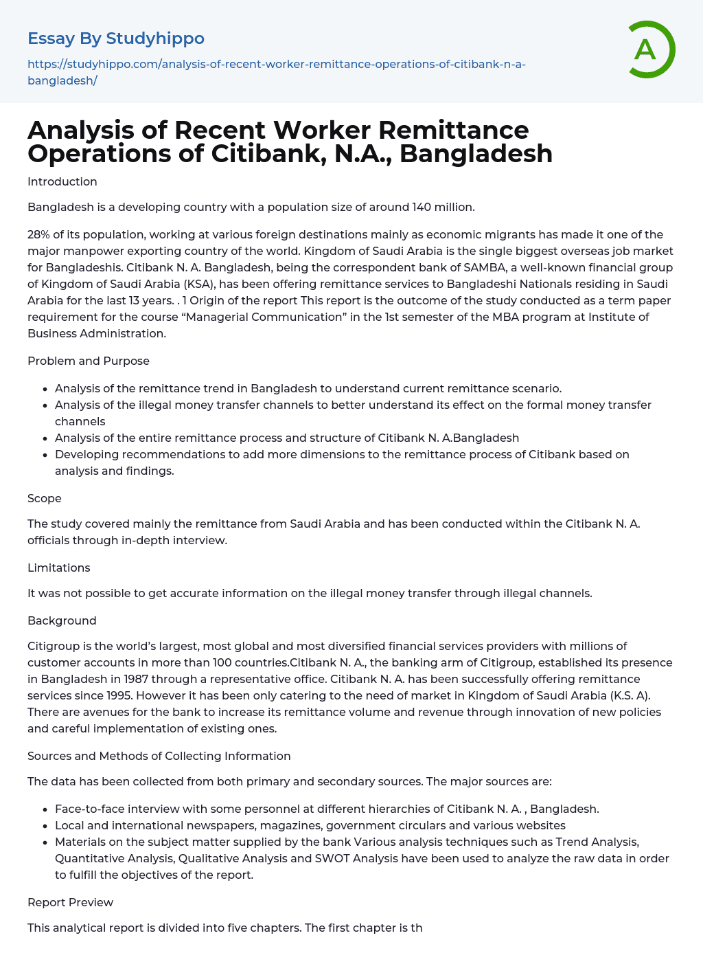 Analysis of Recent Worker Remittance Operations of Citibank, N.A., Bangladesh Essay Example