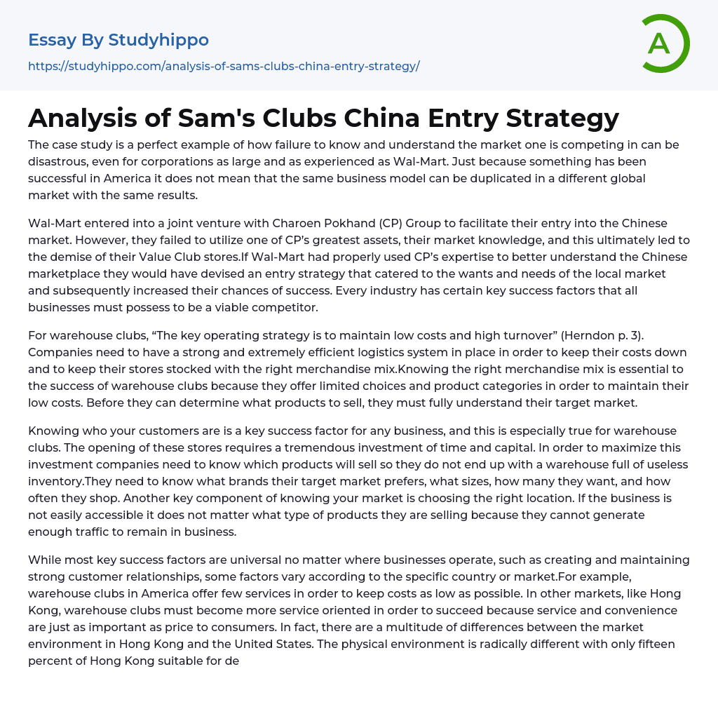 Analysis of Sam’s Clubs China Entry Strategy Essay Example