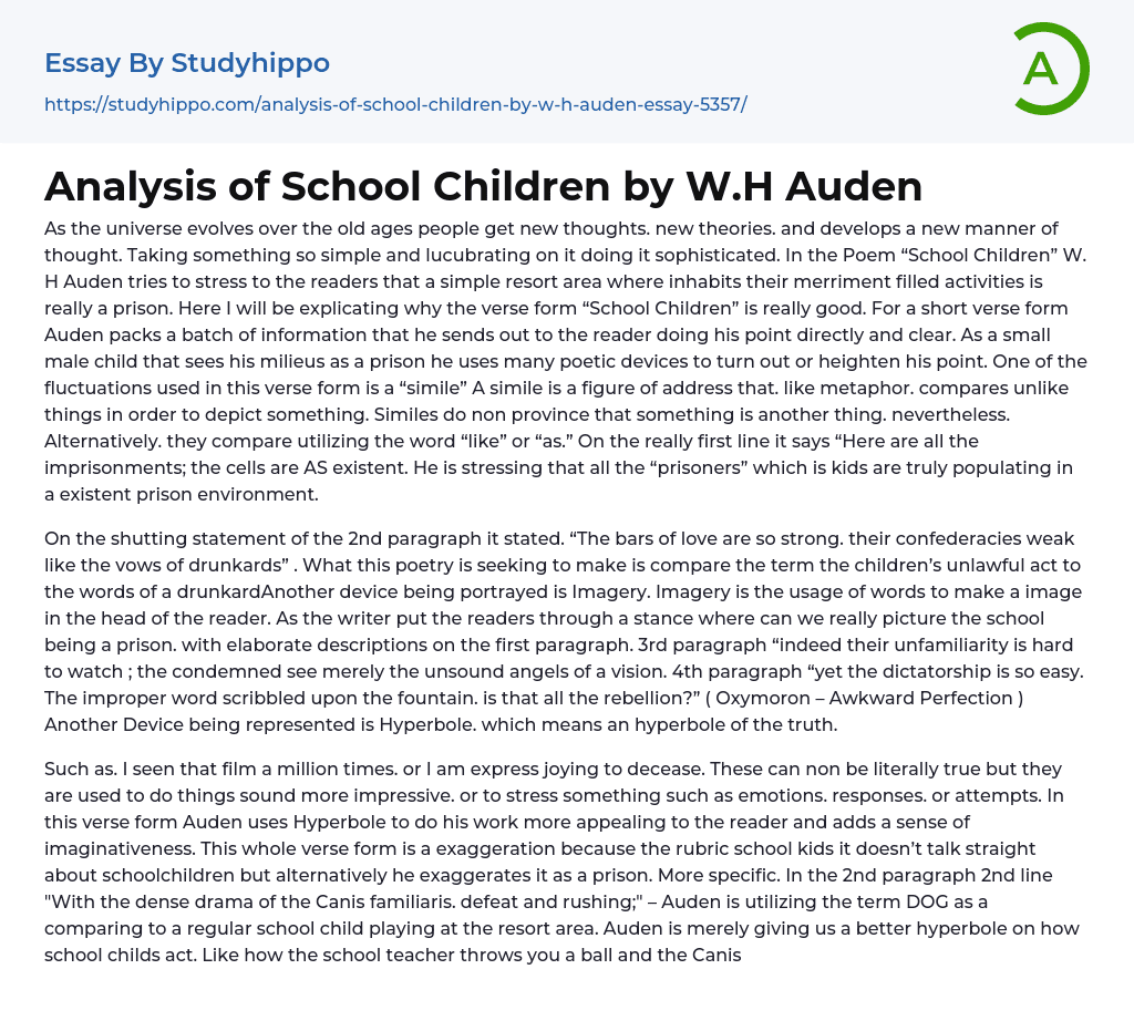 Analysis of School Children by W.H Auden Essay Example