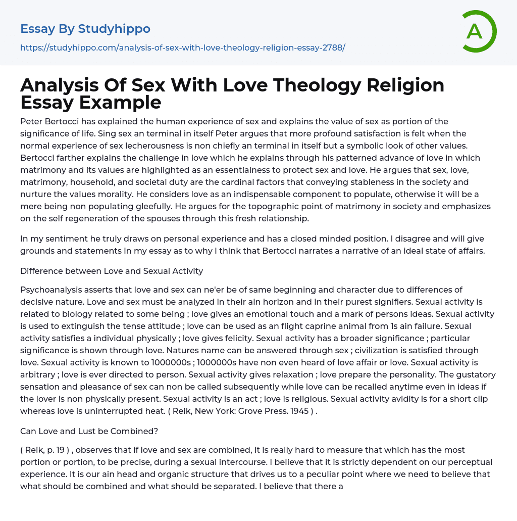 Analysis Of Sex With Love Theology Religion Essay Example
