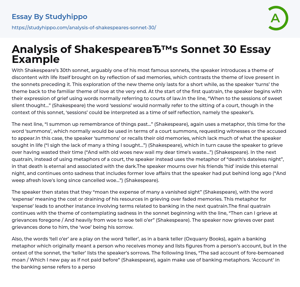 Analysis of Shakespeare’s Sonnet 30 Essay Example