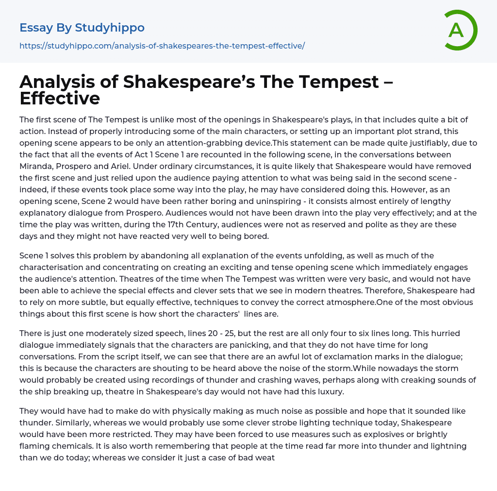 Analysis of Shakespeare’s The Tempest – Effective Essay Example