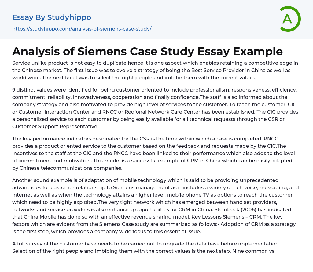 Analysis of Siemens Case Study Essay Example