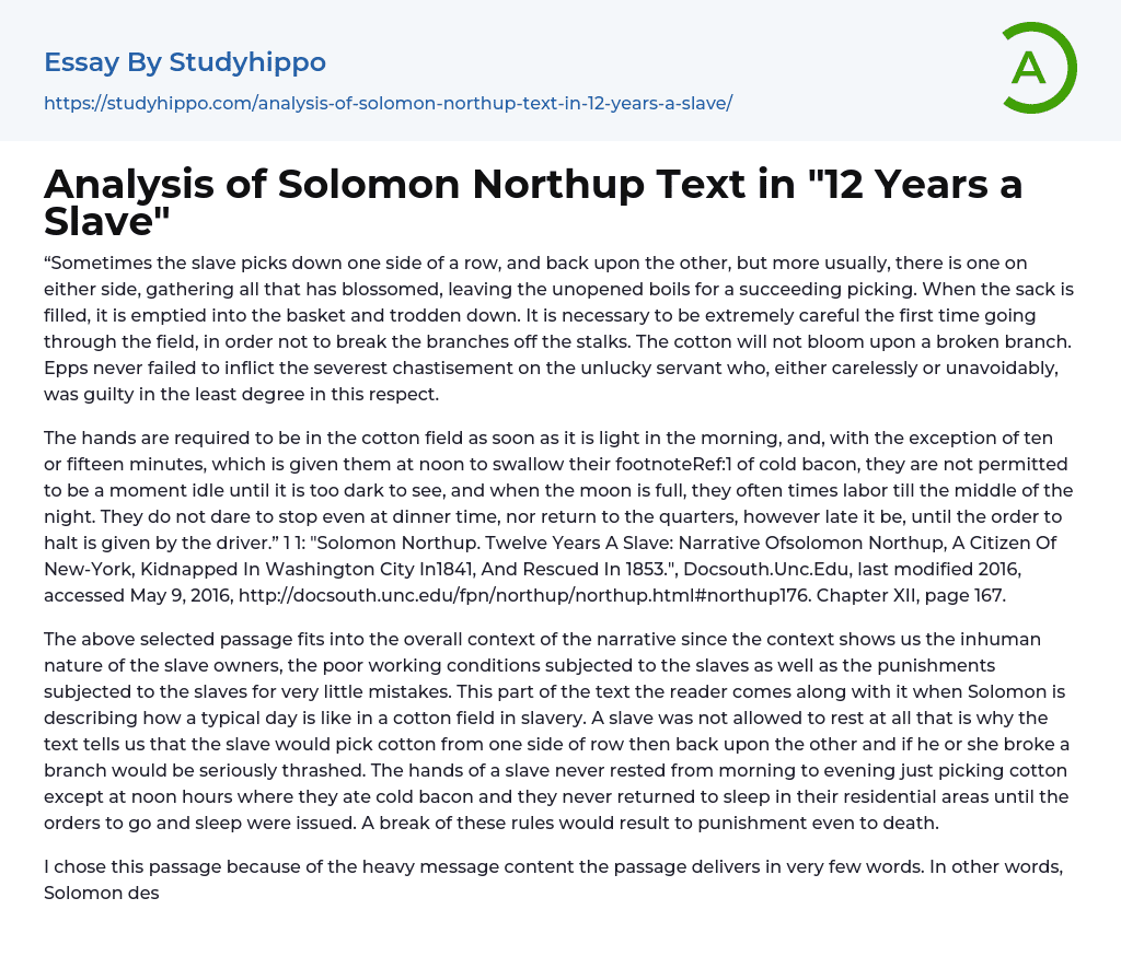 Analysis of Solomon Northup Text in “12 Years a Slave” Essay Example