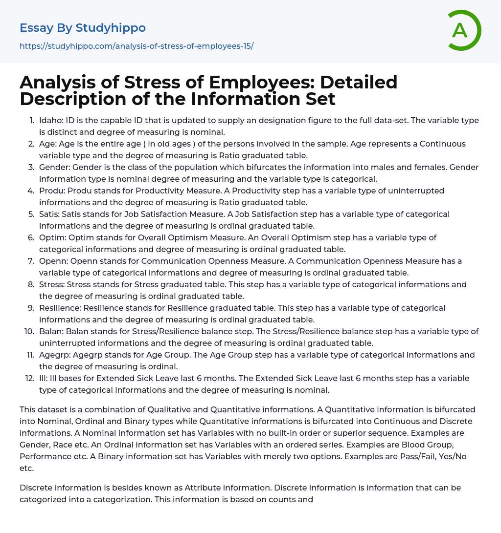Analysis of Stress of Employees: Detailed Description of the Information Set Essay Example