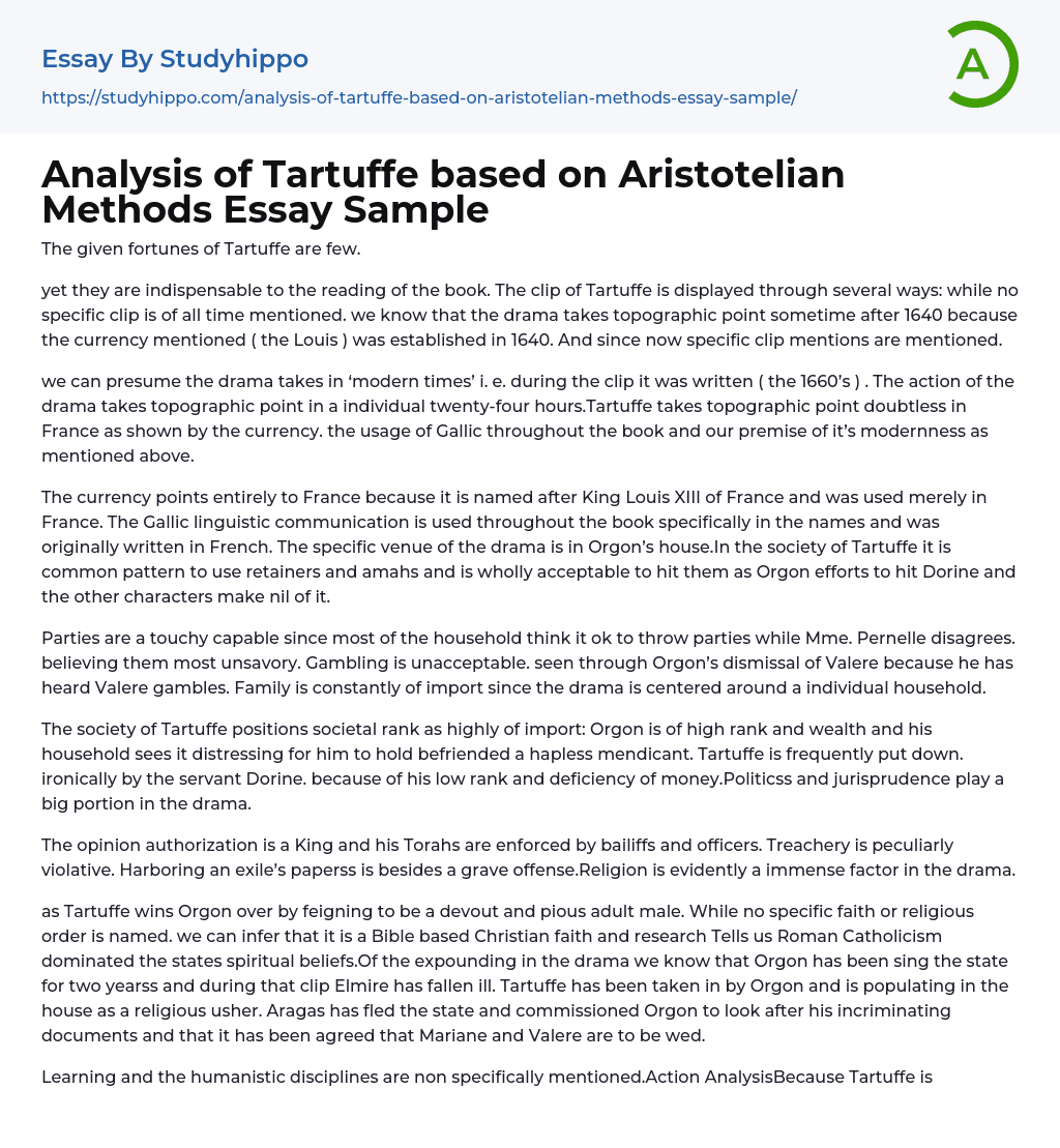 Analysis of Tartuffe based on Aristotelian Methods Essay Sample