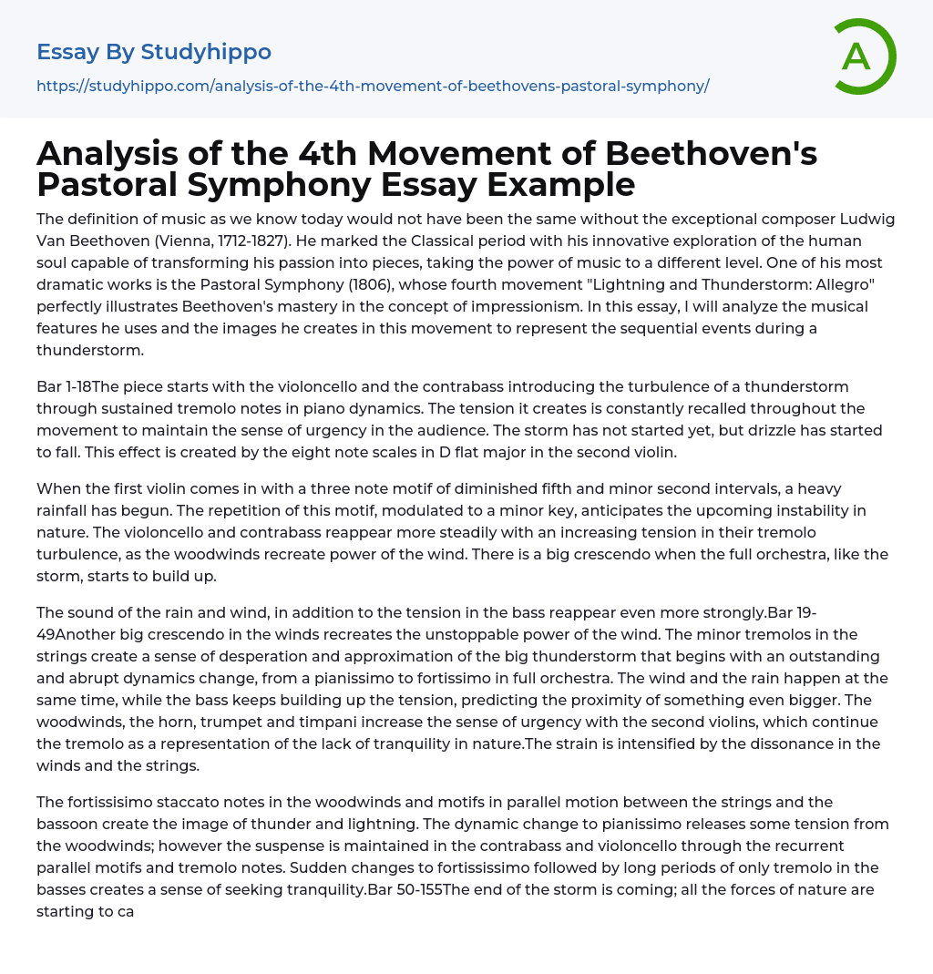 Analysis of the 4th Movement of Beethoven’s Pastoral Symphony Essay Example