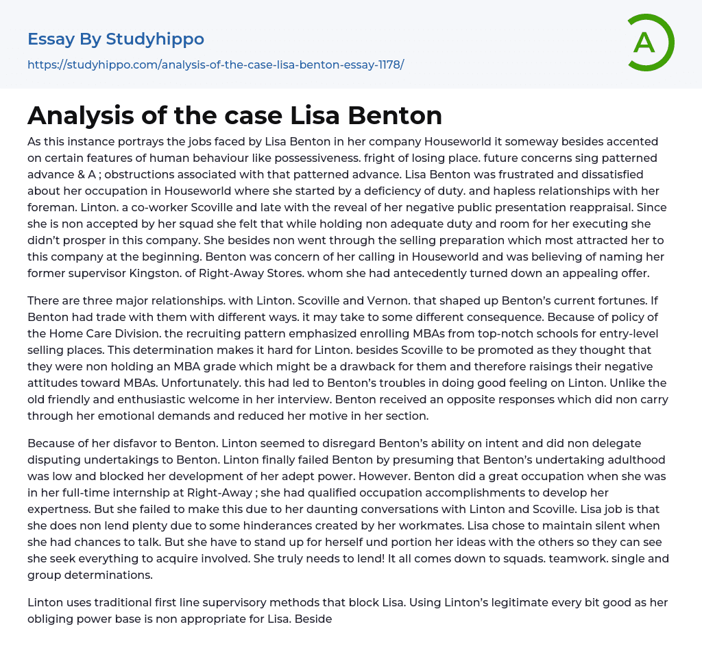 Analysis of the case Lisa Benton Essay Example