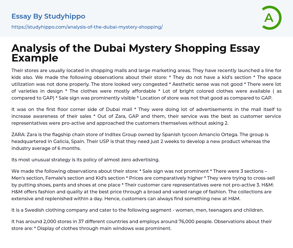 Analysis of the Dubai Mystery Shopping Essay Example