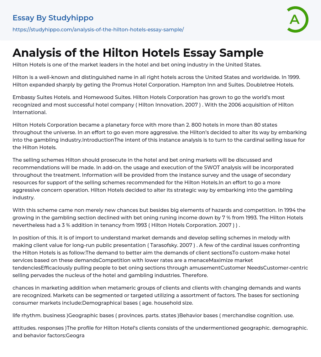 Analysis of the Hilton Hotels Essay Sample