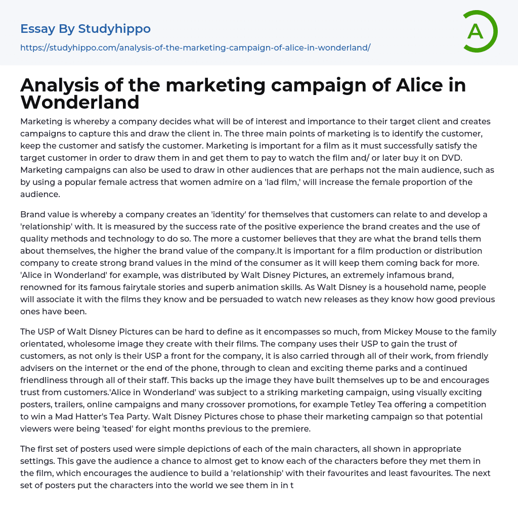 Analysis of the marketing campaign of Alice in Wonderland Essay Example