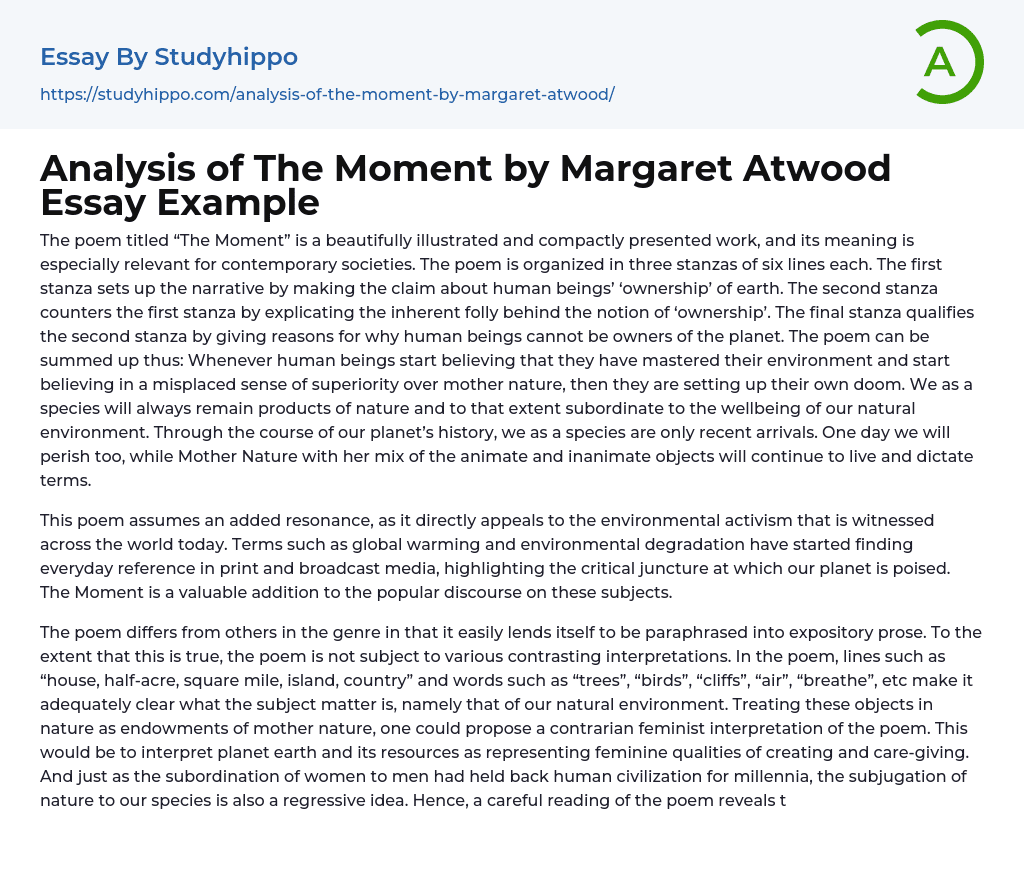 Analysis of The Moment by Margaret Atwood Essay Example