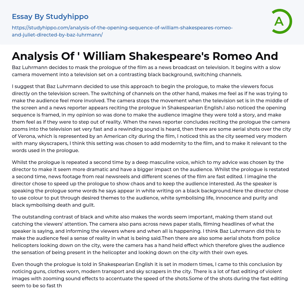 Analysis Of ‘ William Shakespeare’s Romeo And Essay Example