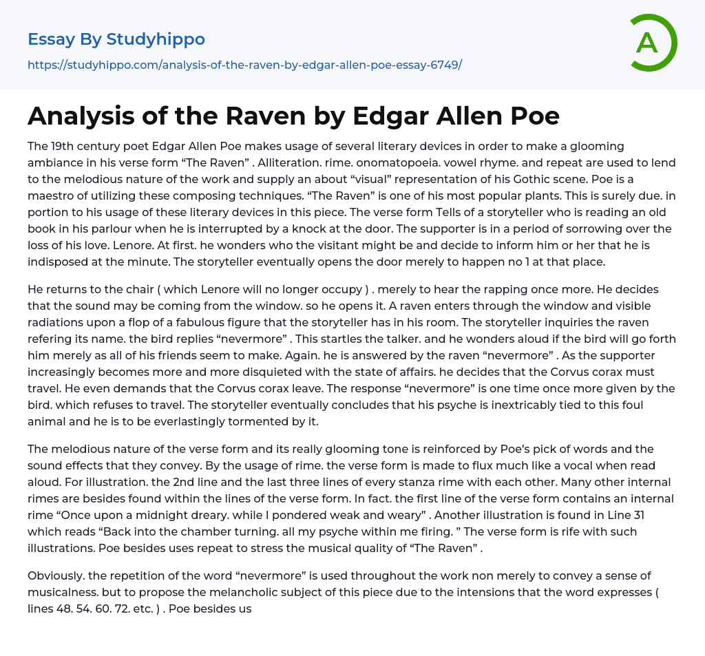 Analysis of the Raven by Edgar Allen Poe Essay Example