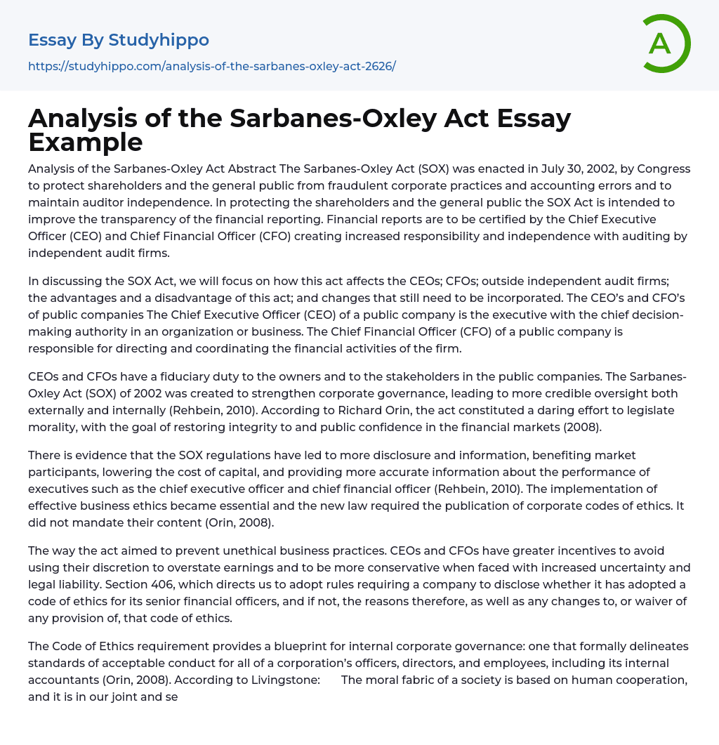 Analysis of the Sarbanes-Oxley Act Essay Example