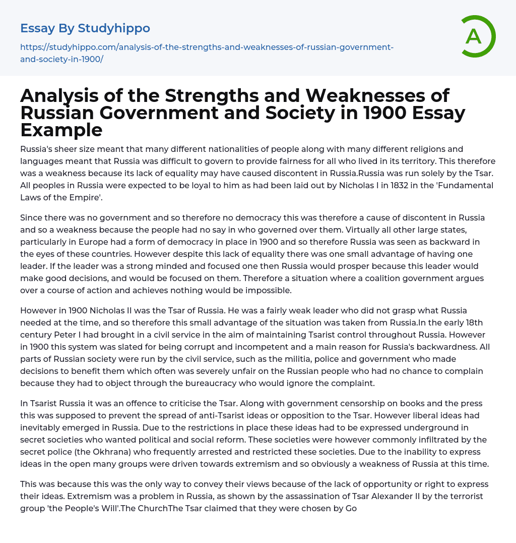Analysis of the Strengths and Weaknesses of Russian Government and Society in 1900 Essay Example