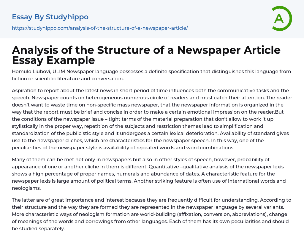 Analysis of the Structure of a Newspaper Article Essay Example