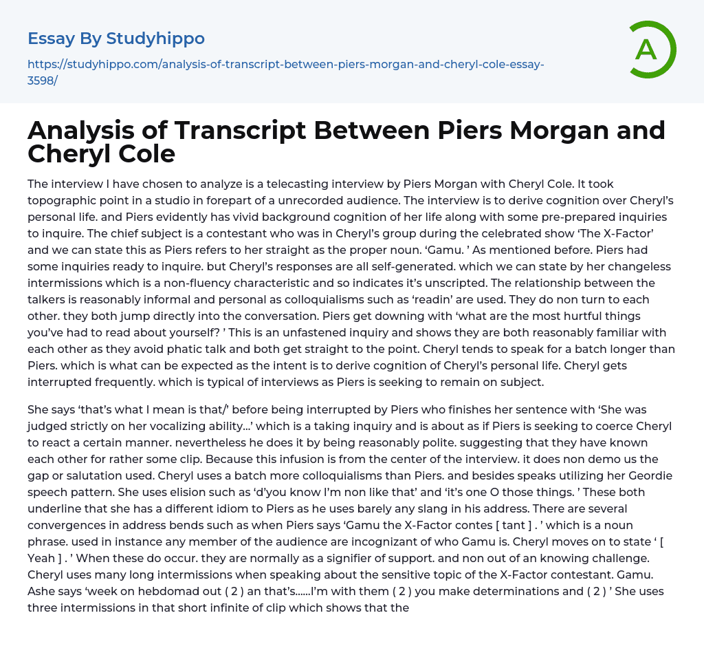 Analysis of Transcript Between Piers Morgan and Cheryl Cole Essay Example