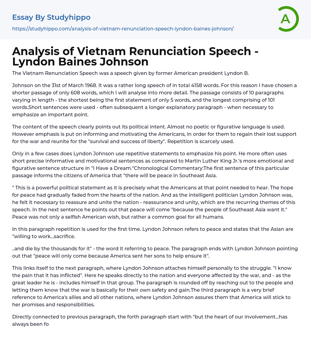 Analysis of Vietnam Renunciation Speech – Lyndon Baines Johnson Essay Example