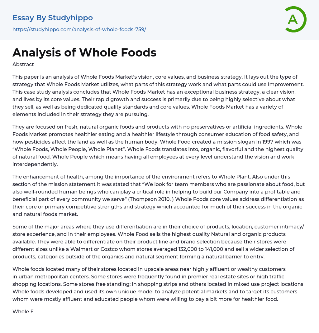 Analysis of Whole Foods Essay Example