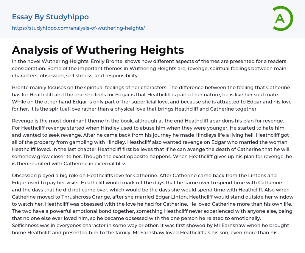 Analysis of Wuthering Heights Essay Example