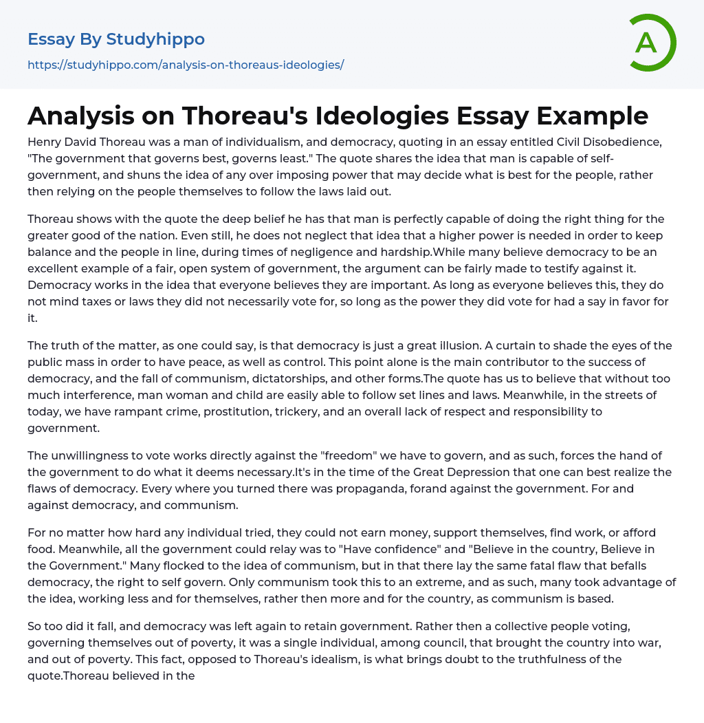 Analysis on Thoreau’s Ideologies Essay Example