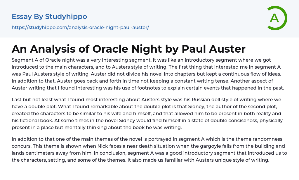 An Analysis of Oracle Night by Paul Auster Essay Example