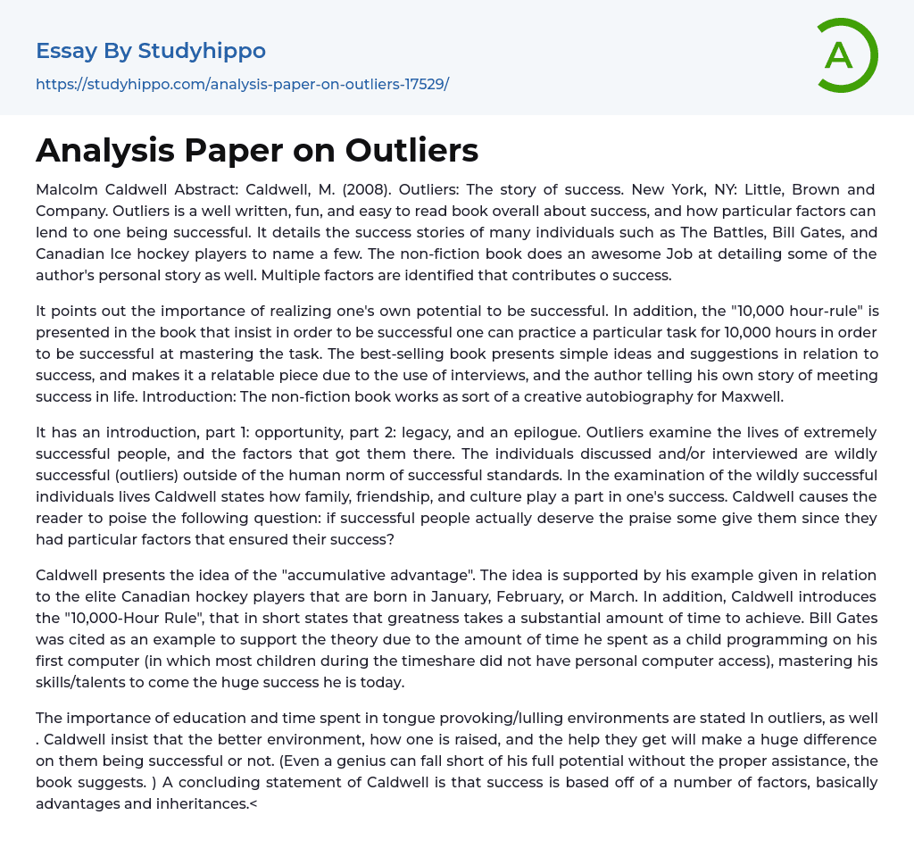 Analysis Paper on Outliers Essay Example
