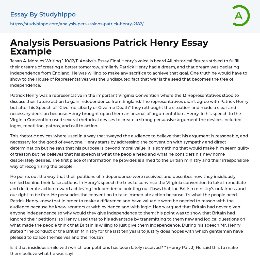 Analysis Persuasions Patrick Henry Essay Example