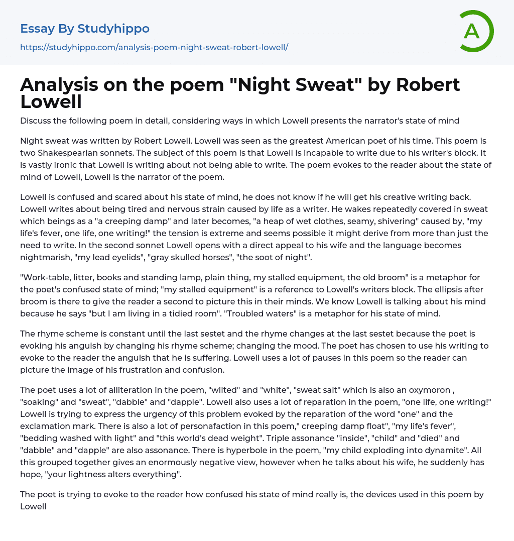Analysis on the poem “Night Sweat” by Robert Lowell Essay Example