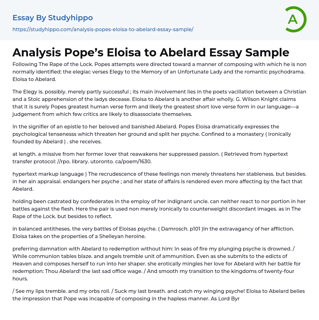 Analysis Pope’s Eloisa to Abelard Essay Sample