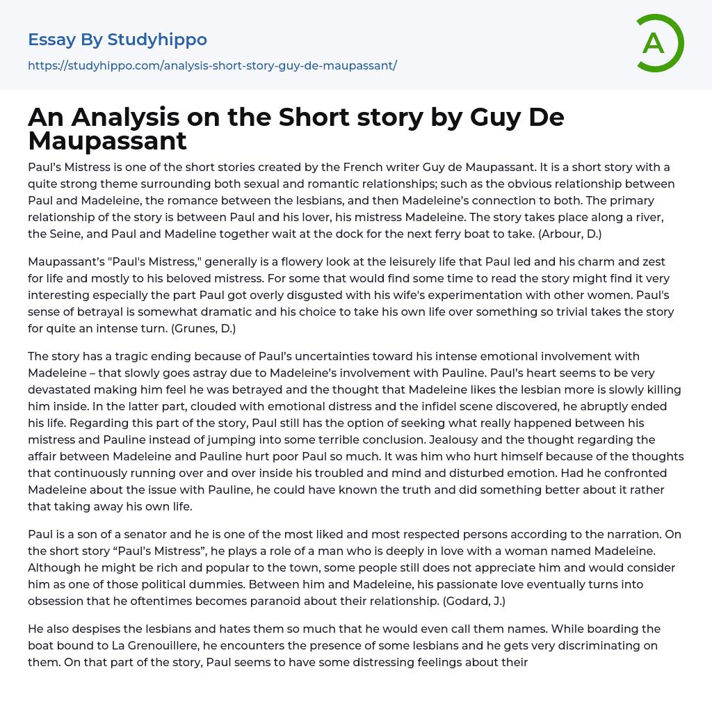 An Analysis on the Short story by Guy De Maupassant Essay Example