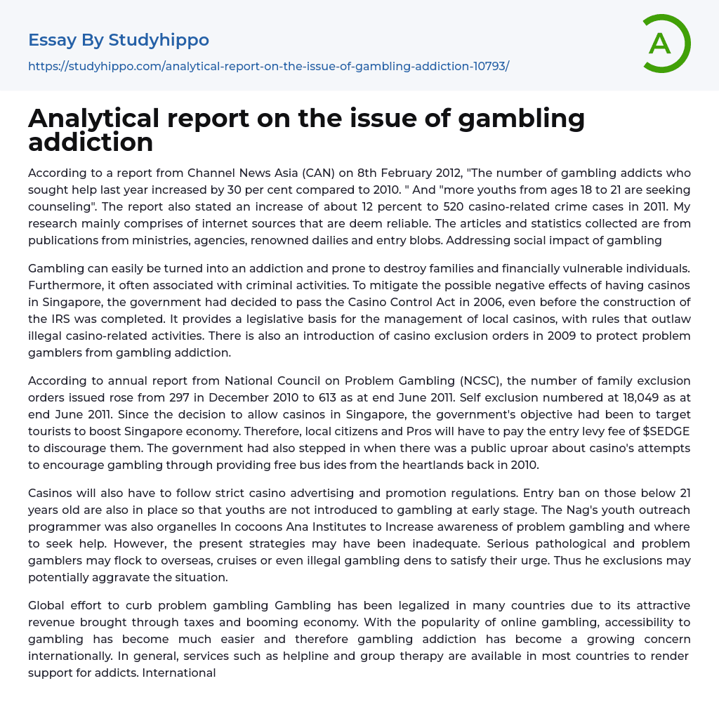 Analytical report on the issue of gambling addiction Essay Example
