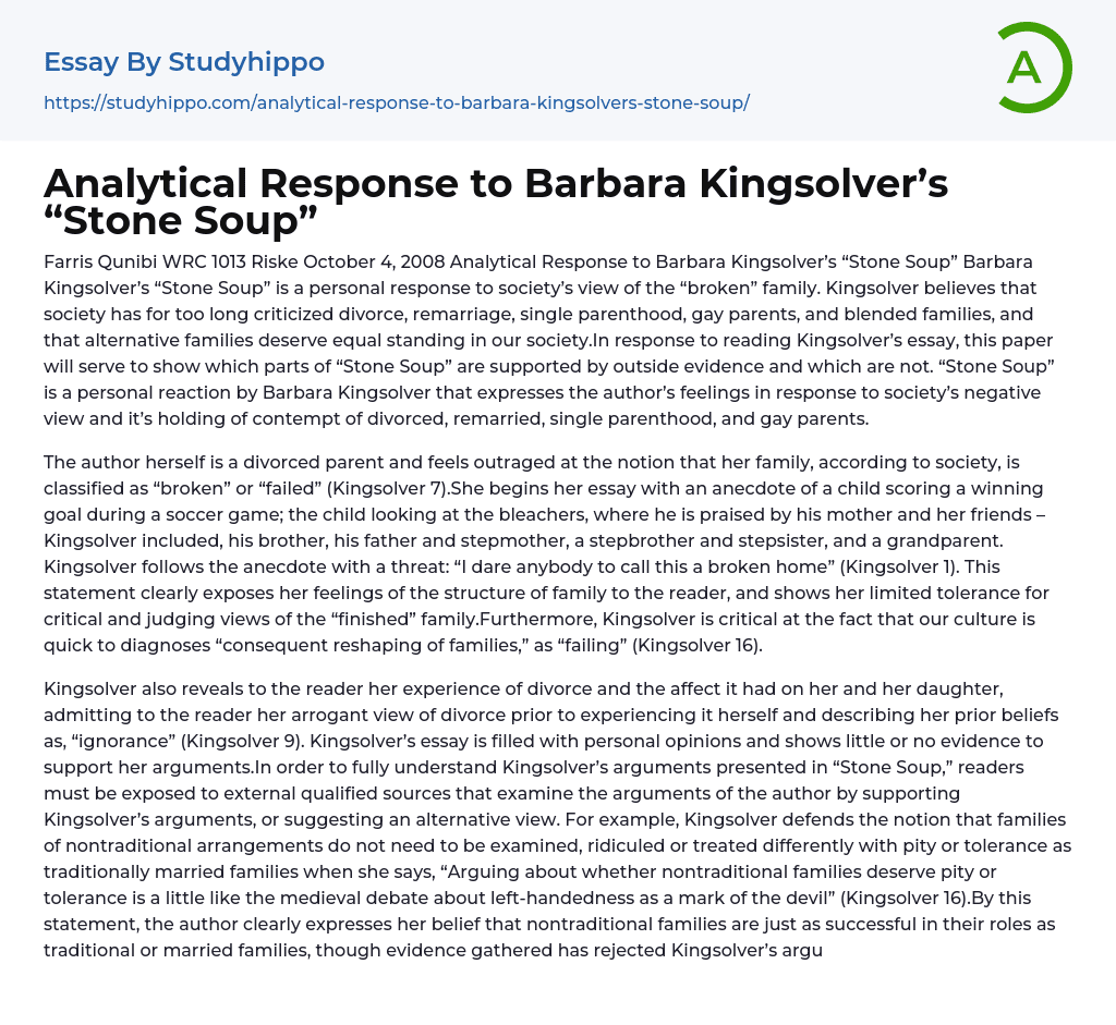 Analytical Response to Barbara Kingsolver’s “Stone Soup” Essay Example