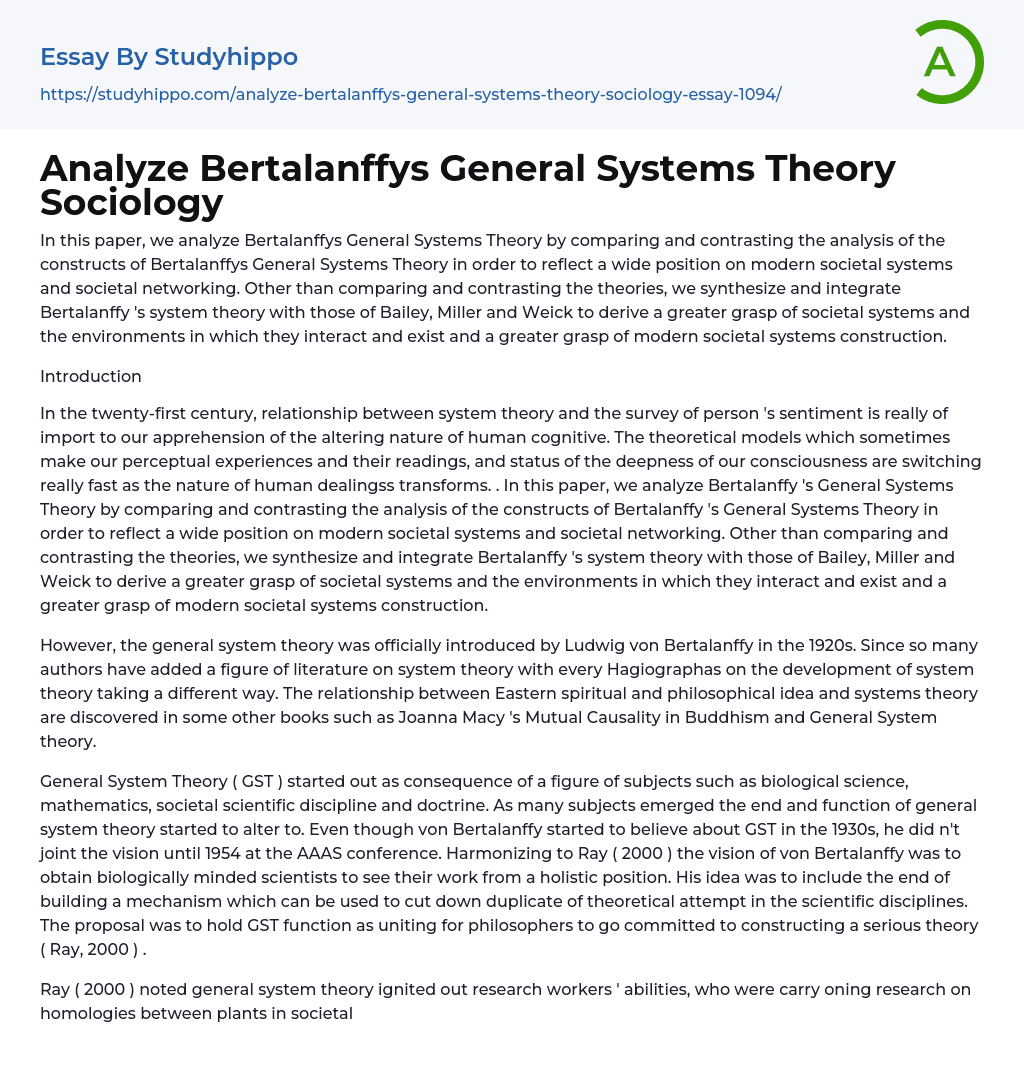 Analyze Bertalanffys General Systems Theory Sociology