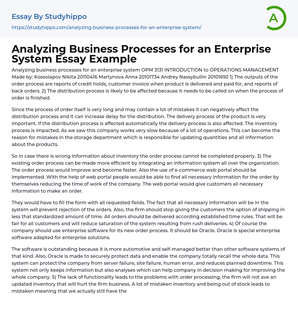 Analyzing Business Processes for an Enterprise System Essay Example