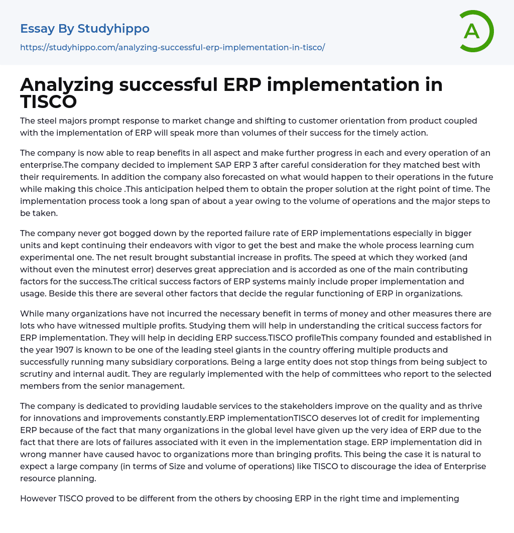 Analyzing successful ERP implementation in TISCO Essay Example