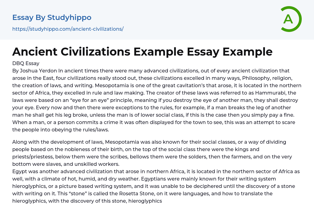 Ancient Civilizations Example Essay Example