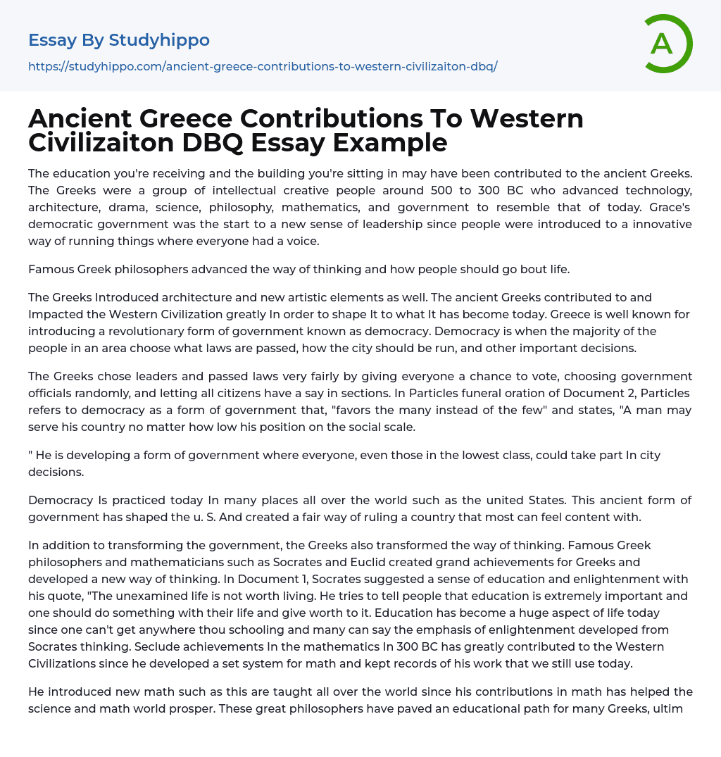 Ancient Greece Contributions To Western Civilizaiton DBQ Essay Example