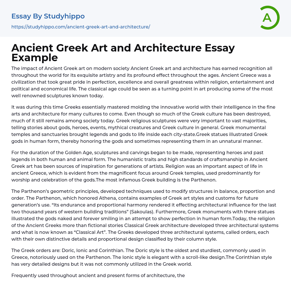 Ancient Greek Art and Architecture Essay Example