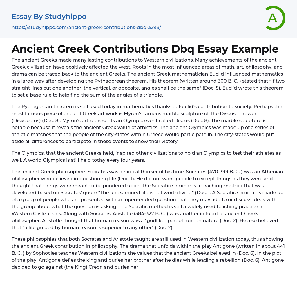 Ancient Greek Contributions Dbq Essay Example
