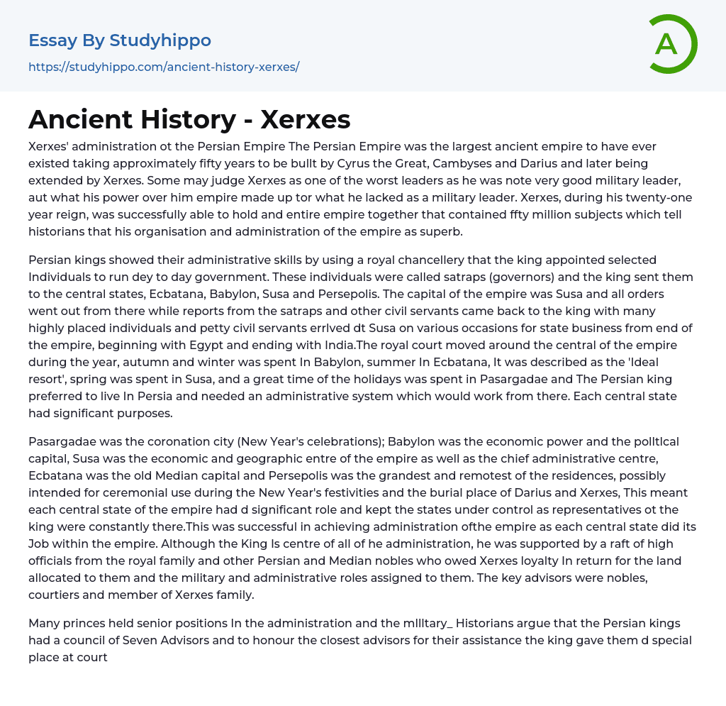 Ancient History – Xerxes Essay Example