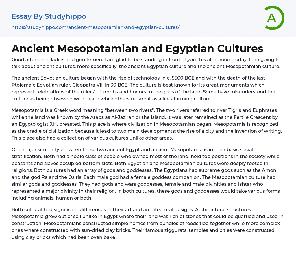 Ancient Mesopotamian and Egyptian Cultures Essay Example