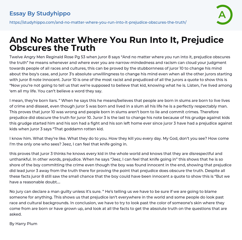 And No Matter Where You Run Into It, Prejudice Obscures the Truth Essay Example