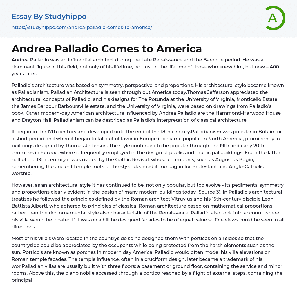Andrea Palladio Comes to America Essay Example