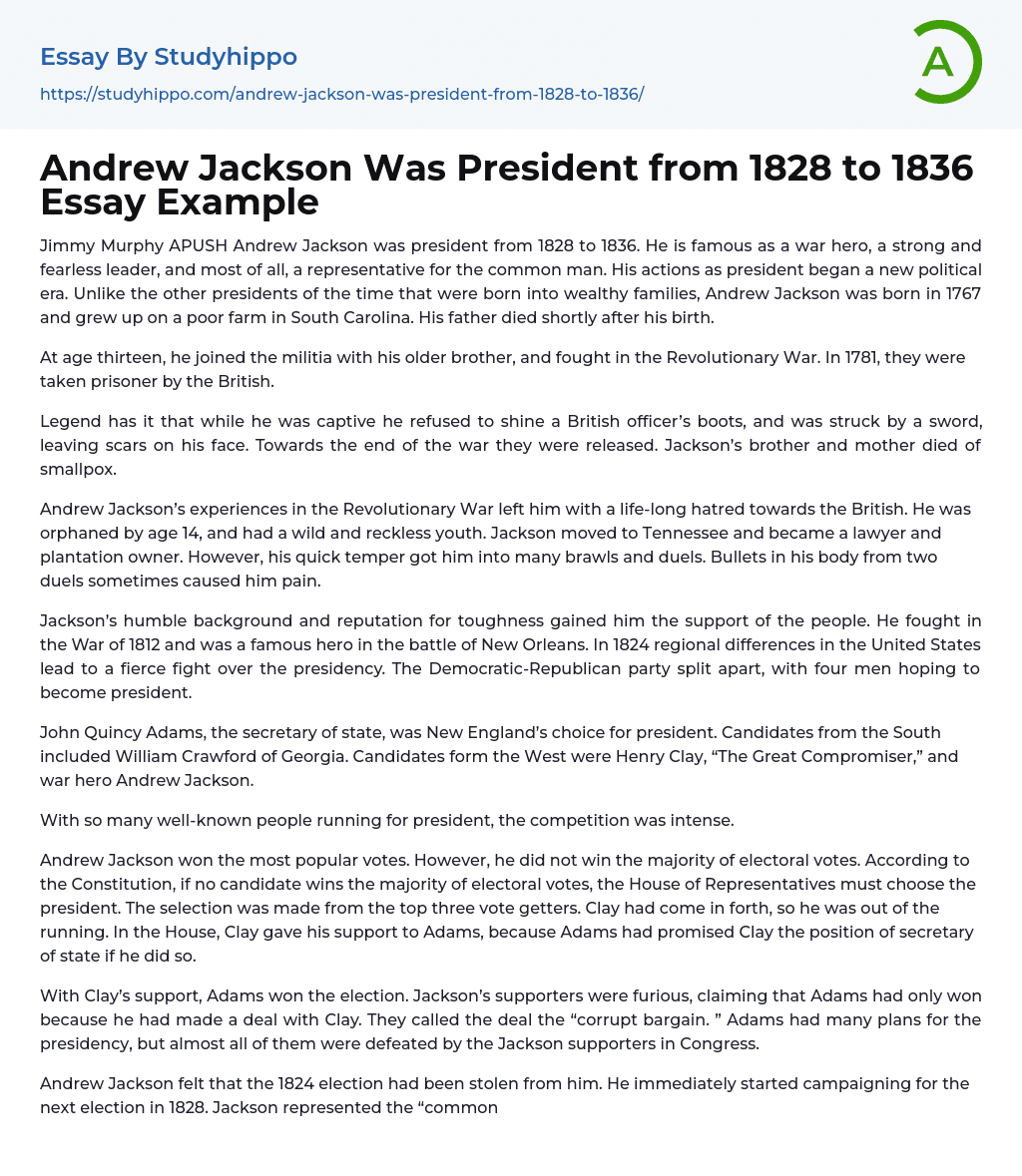 Andrew Jackson Was President from 1828 to 1836 Essay Example