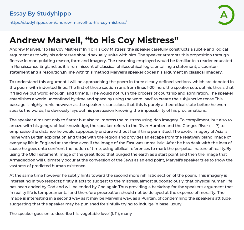 Andrew Marvell, “to His Coy Mistress” Essay Example