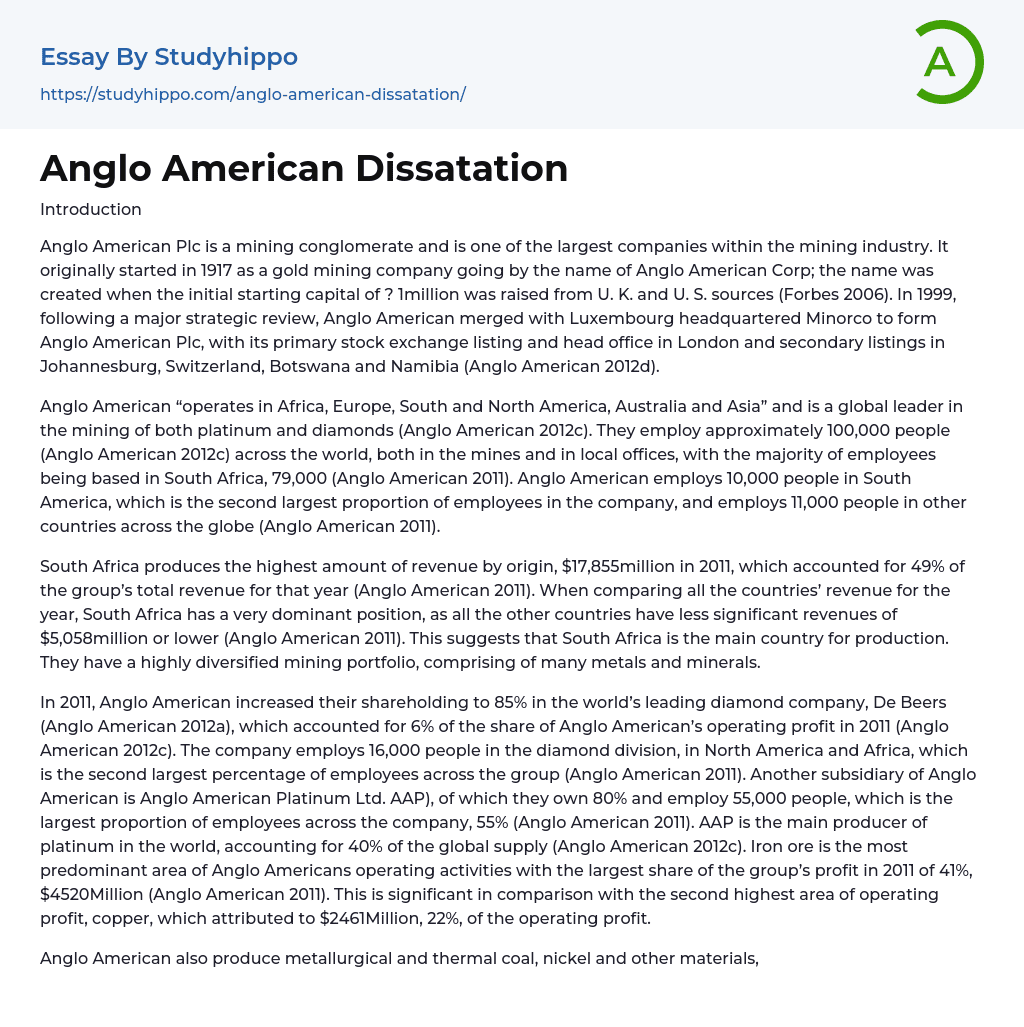 Anglo American Dissatation Essay Example