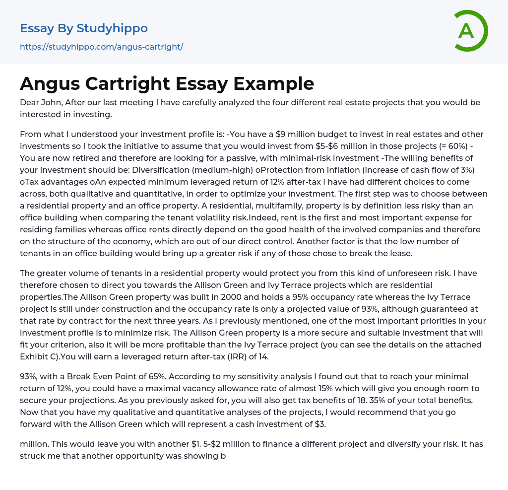 Angus Cartright Essay Example
