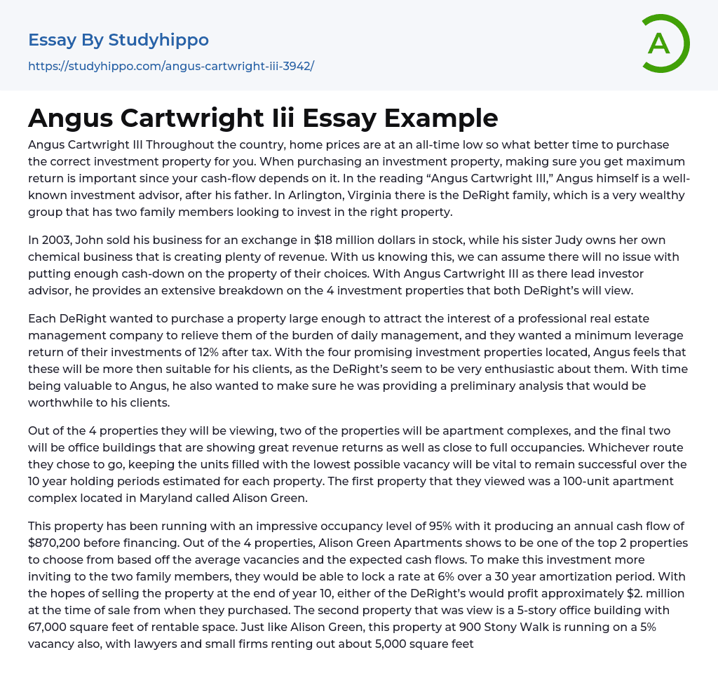 Angus Cartwright Iii Essay Example
